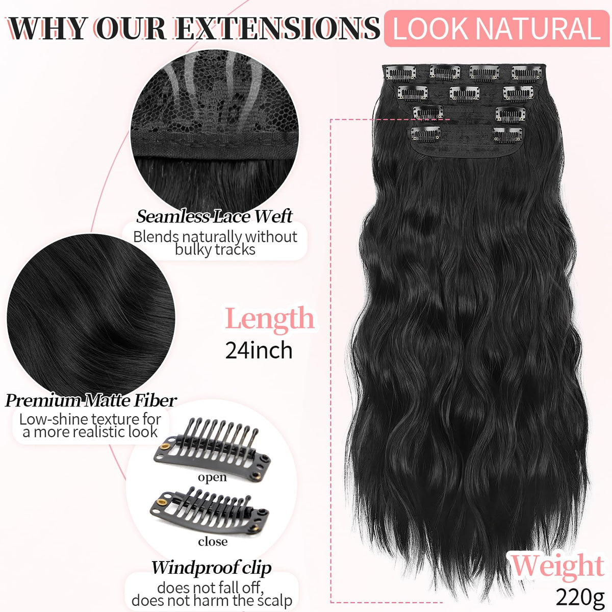 KooKaStyle Wavy Thick Clip in Hair Extensions 24-inch black back view
