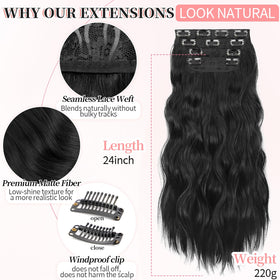 KooKaStyle Wavy Thick Clip in Hair Extensions 24-inch black back view