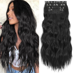 KooKaStyle Wavy Thick Clip in Hair Extensions 24-inch black front view