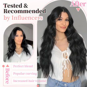 KooKaStyle Wavy Thick Clip in Hair Extensions 24-inch black styled in hair