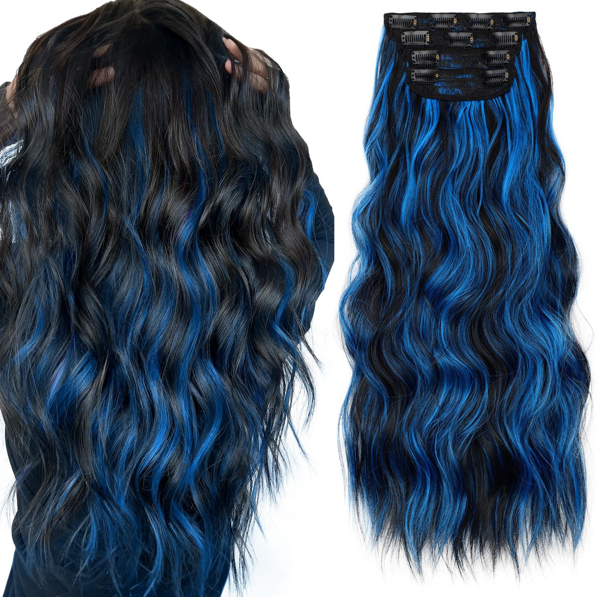 KooKaStyle Wavy Thick Clip in Hair Extensions 24 inch Blue and Black Streak front view