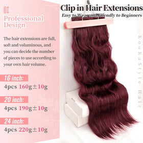 KooKaStyle Wavy Thick Clip in Hair Extensions 24-inch Burgundy close-up of clips