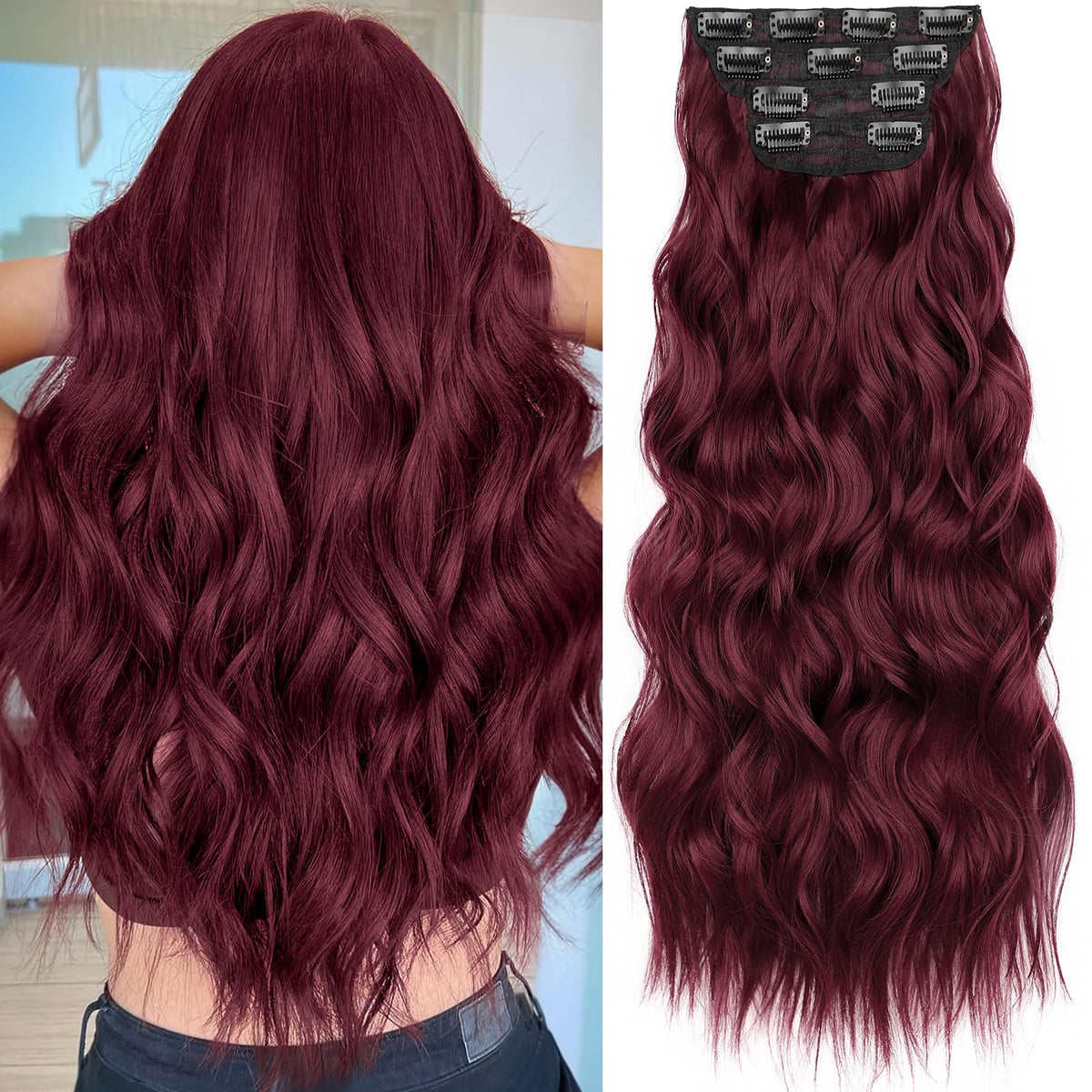 KooKaStyle Wavy Thick Clip in Hair Extensions 24-inch Burgundy front view