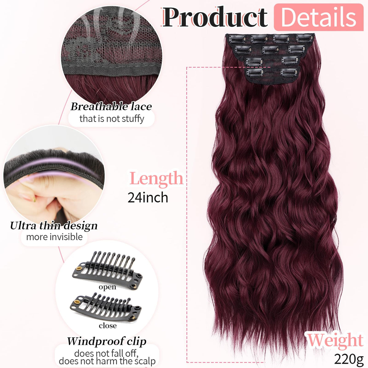 KooKaStyle Wavy Thick Clip in Hair Extensions 24-inch Burgundy packaging