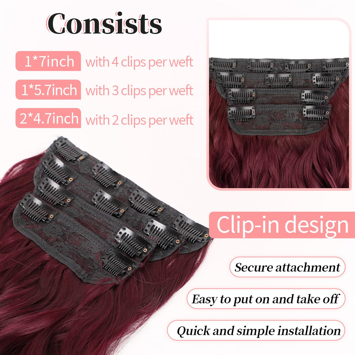 KooKaStyle Wavy Thick Clip in Hair Extensions 24-inch Burgundy styled on mannequin