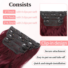 KooKaStyle Wavy Thick Clip in Hair Extensions 24-inch Burgundy styled on mannequin