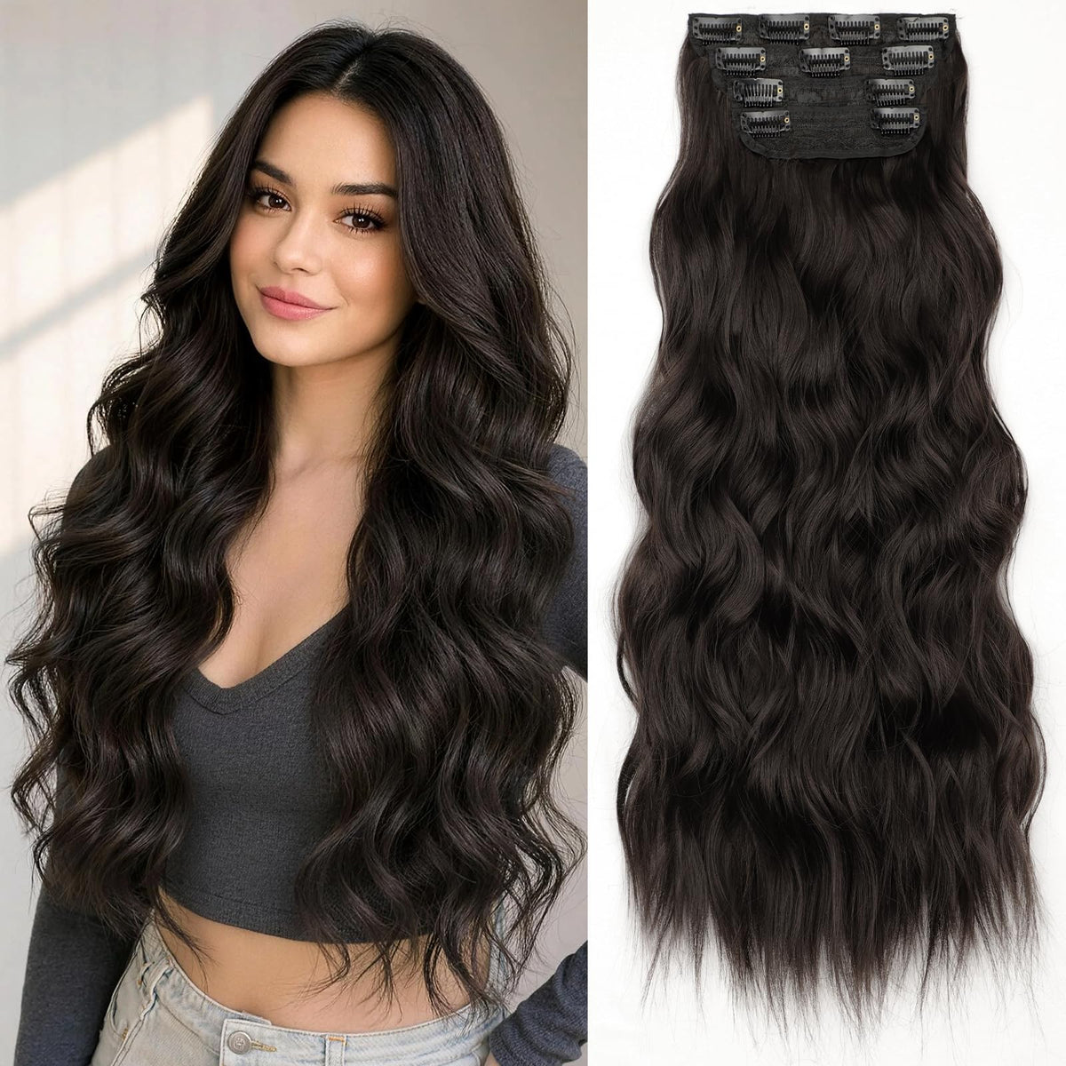 KooKaStyle Wavy Thick Clip in Hair Extensions 24 inch Dark Brown front view