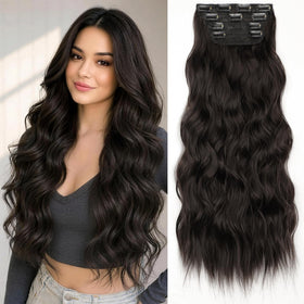 KooKaStyle Wavy Thick Clip in Hair Extensions 24 inch Dark Brown front view