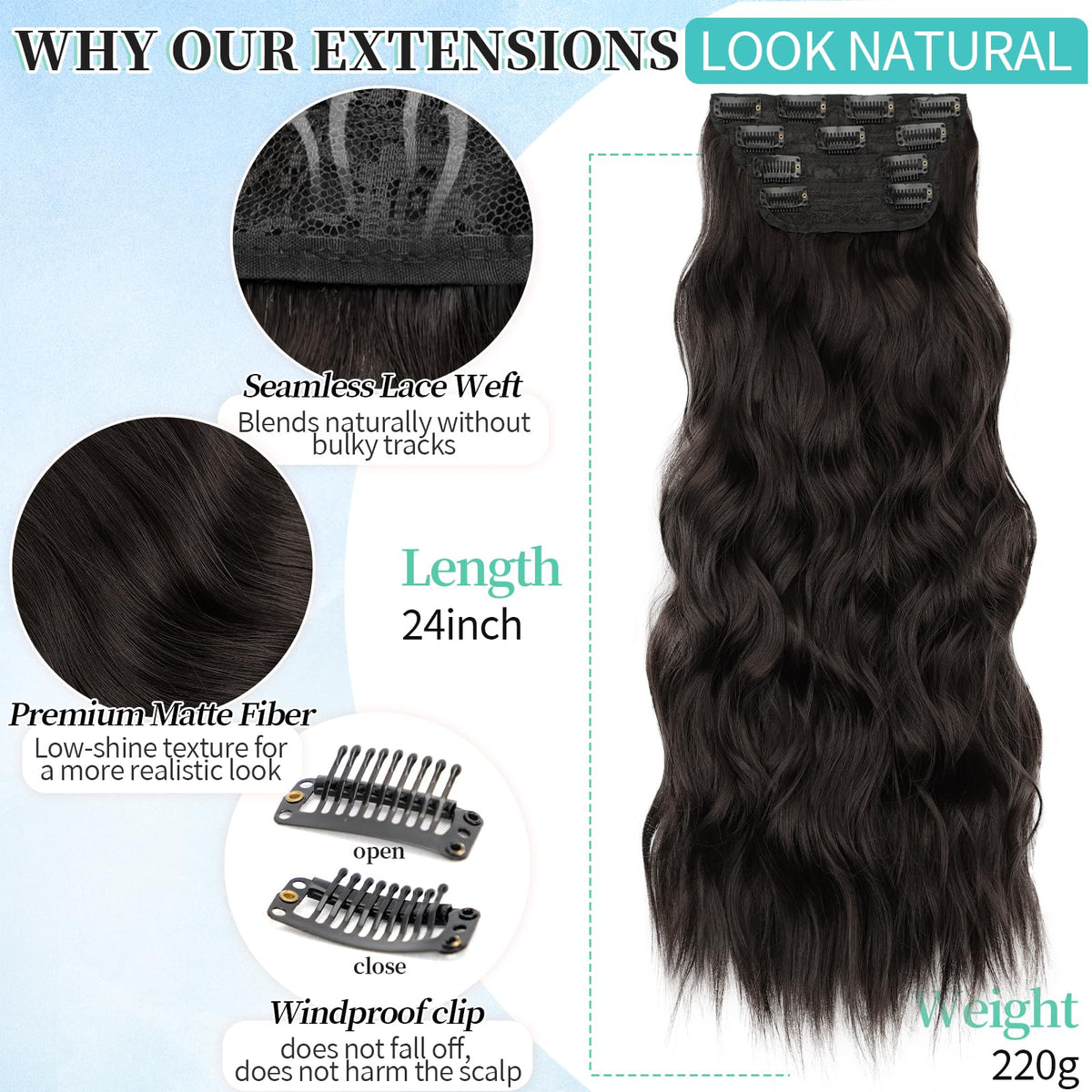 KooKaStyle Wavy Thick Clip in Hair Extensions 24 inch Dark Brown packaging