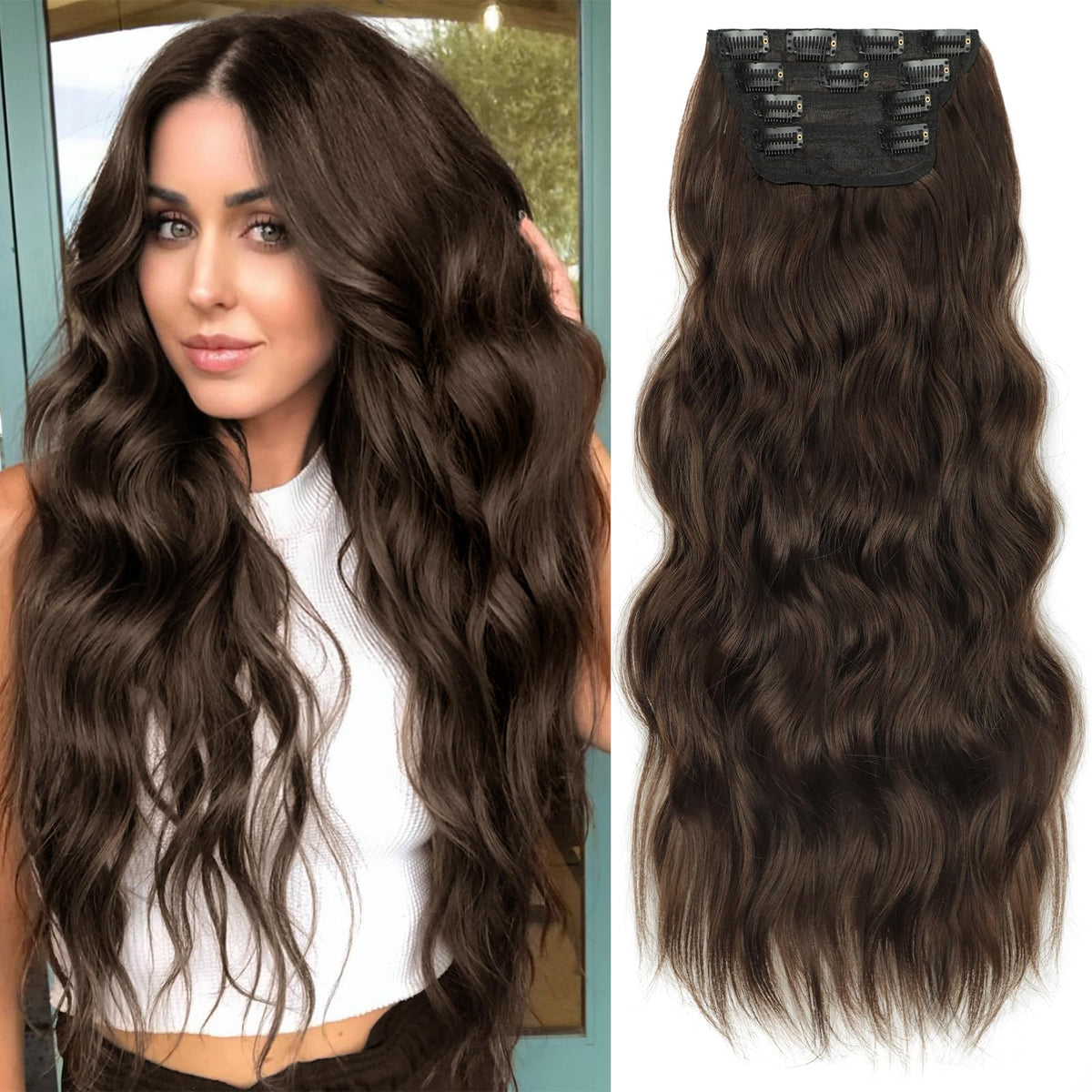 KooKaStyle Wavy Thick Clip in Hair Extensions 24 inch Dark Chocolate Brown front view