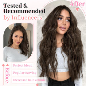 KooKaStyle Wavy Thick Clip in Hair Extensions 24 inch Dark Chocolate Brown styled in hair