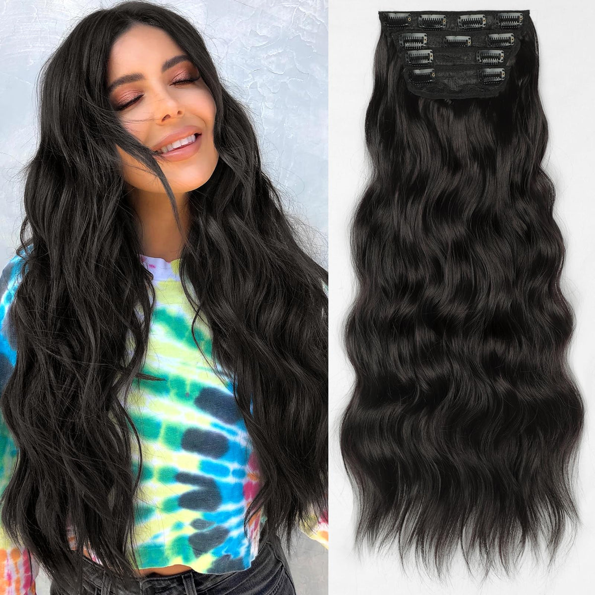 KooKaStyle Wavy Thick Clip in Hair Extensions 24 inch natural black front view