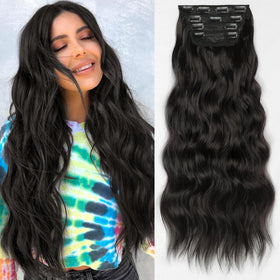 KooKaStyle Wavy Thick Clip in Hair Extensions 24 inch natural black front view