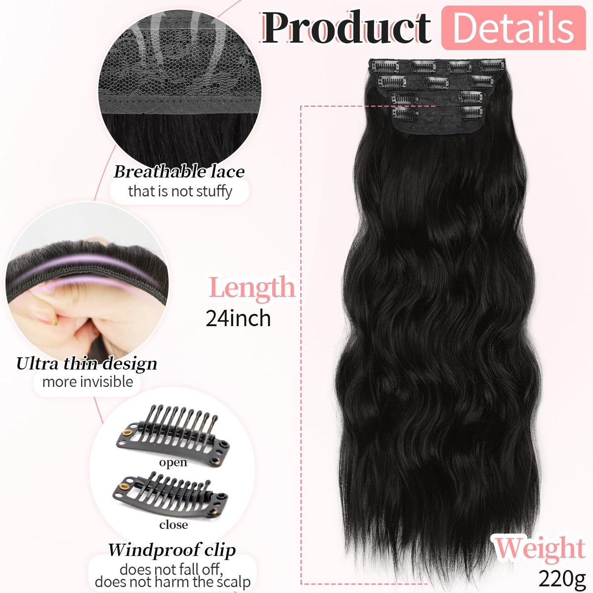 KooKaStyle Wavy Thick Clip in Hair Extensions close-up of clips