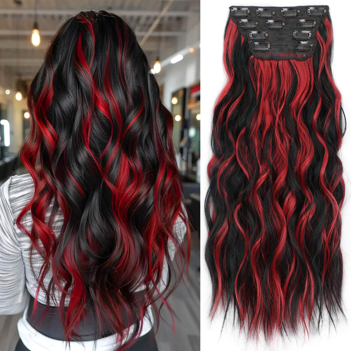 KooKaStyle Wavy Thick Clip in Hair Extensions front view with black and red highlights