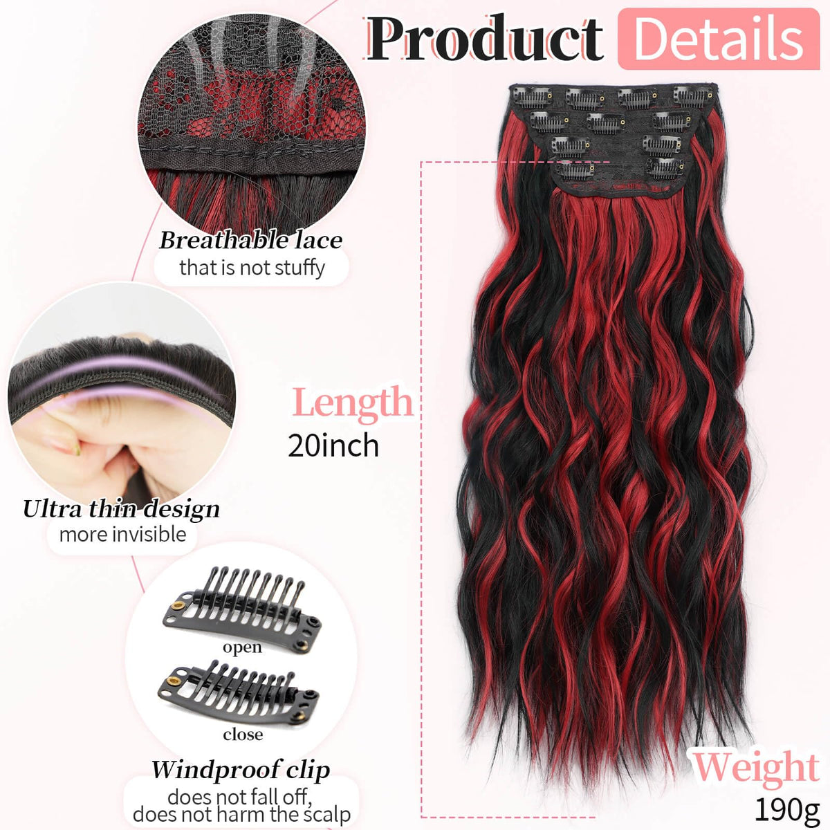 KooKaStyle Wavy Thick Clip in Hair Extensions showing clips and wefts