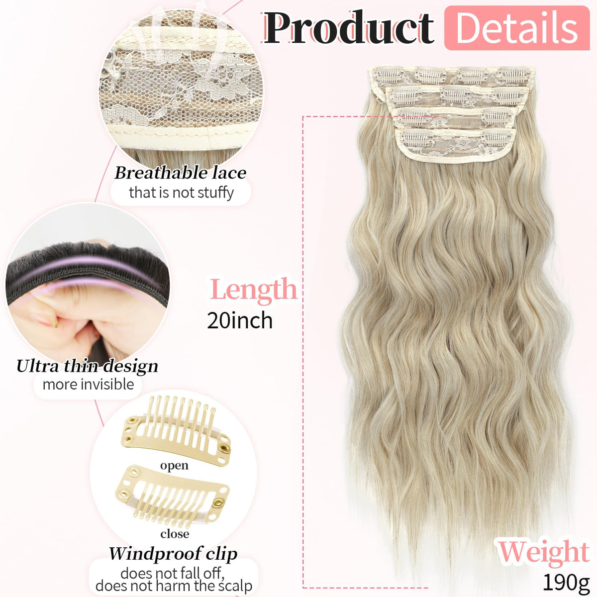 KooKaStyle Wavy Thick Hair Extensions 2 clips weft detail