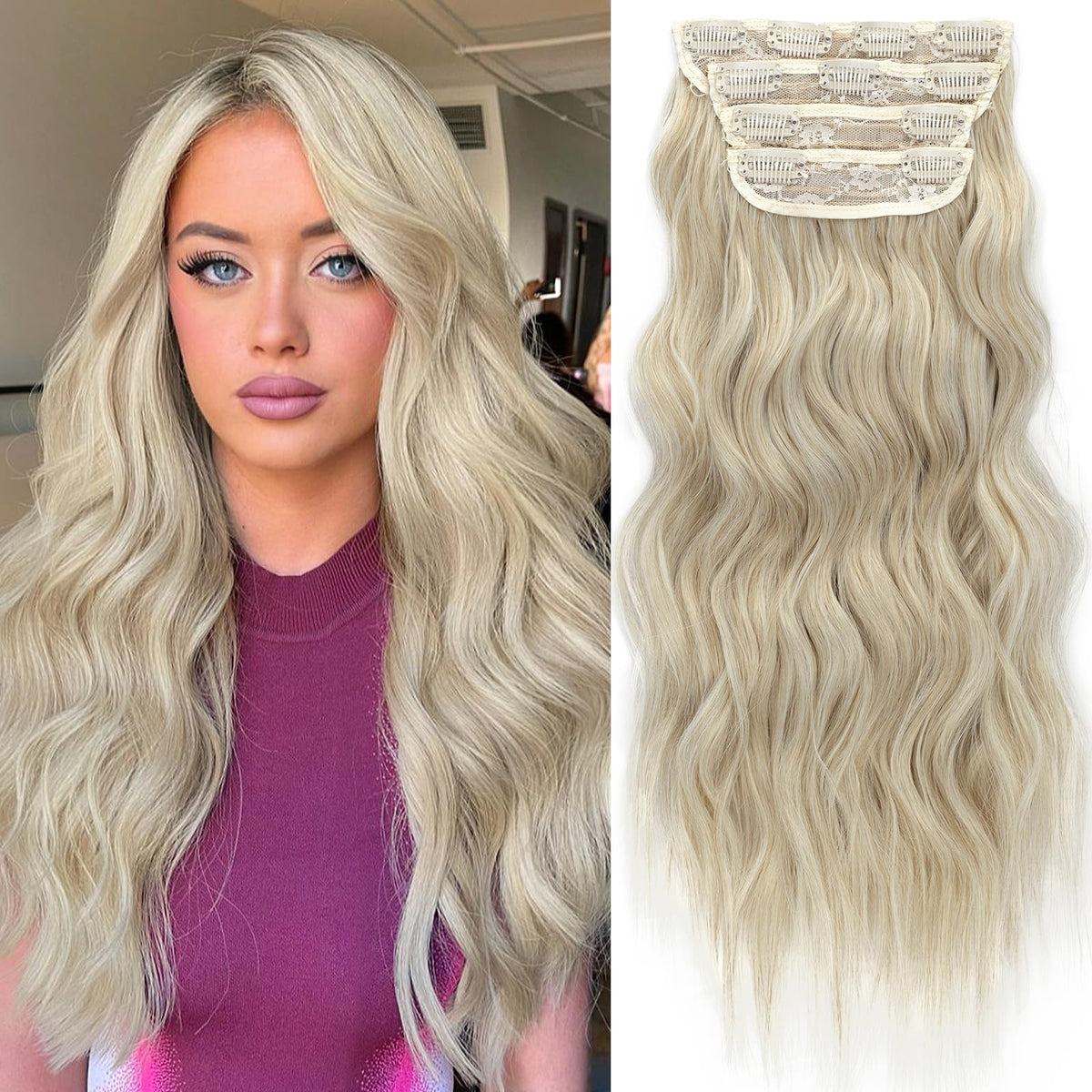 KooKaStyle Wavy Thick Hair Extensions 20-inch Bleach Blonde Mix front view