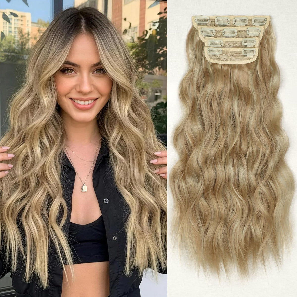 KooKaStyle Wavy Thick Hair Extensions 20-inch Dark Ash Blonde front view
