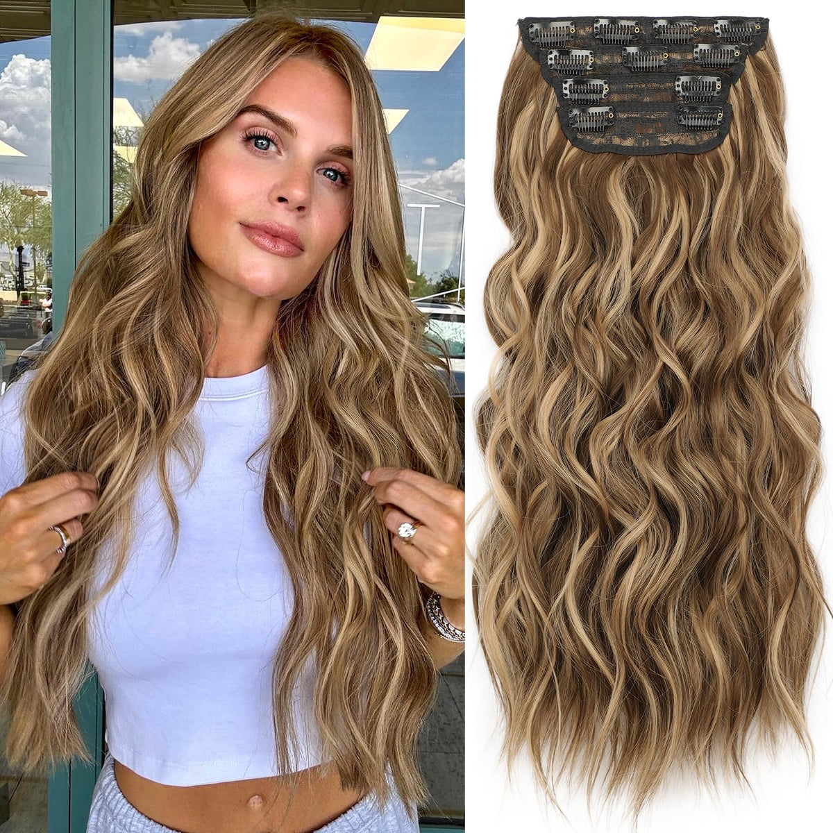 KooKaStyle Wavy Thick Hair Extensions 20-inch Medium Brown and Caramel Blonde front view