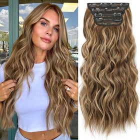KooKaStyle Wavy Thick Hair Extensions 20-inch Medium Brown and Caramel Blonde front view