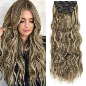 KooKaStyle Wavy Thick Hair Extensions 24-inch Medium Brown Ash Blonde front view
