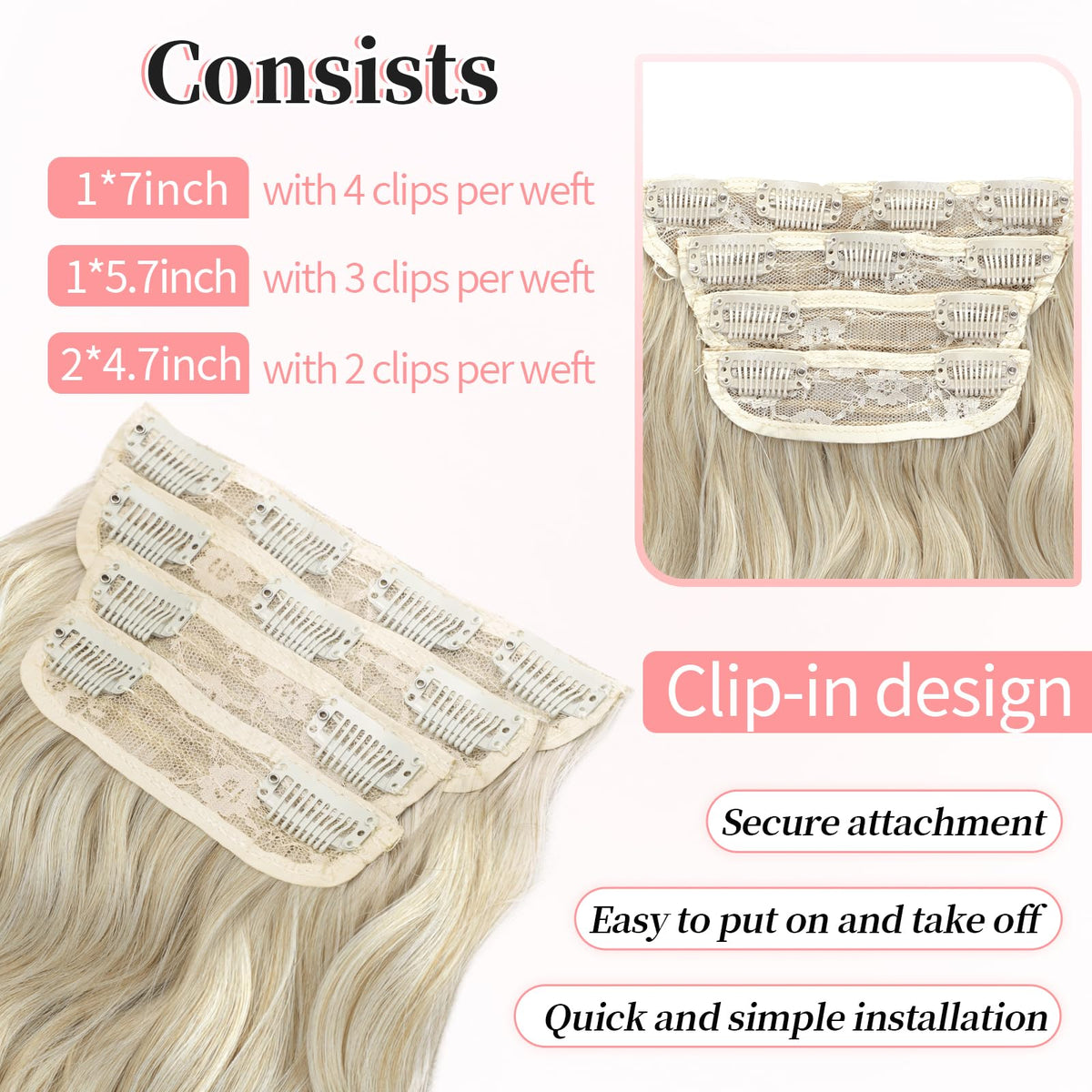 KooKaStyle Wavy Thick Hair Extensions 4 clips weft detail