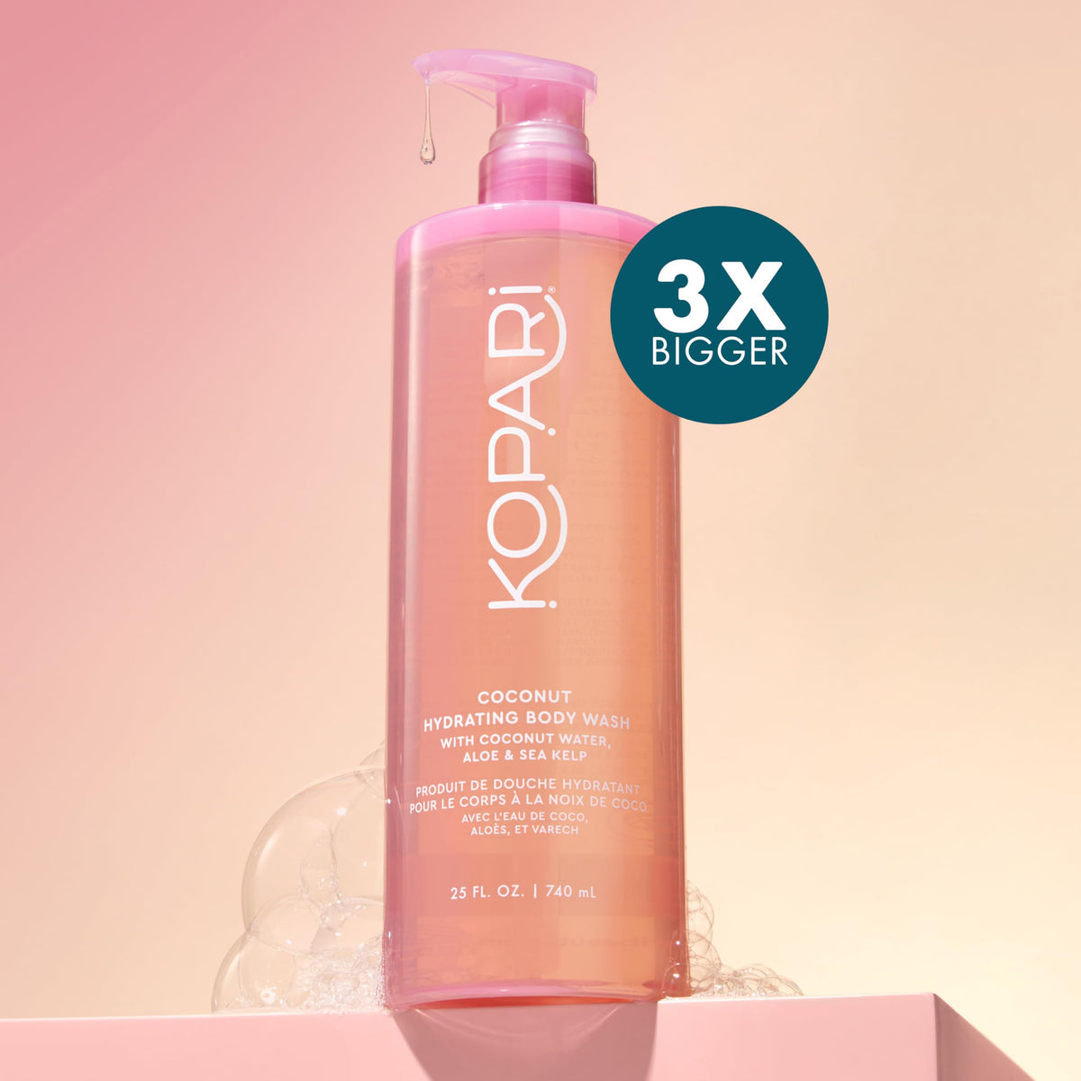 Kopari Jumbo Coconut Hydrating Body Wash lather on loofah