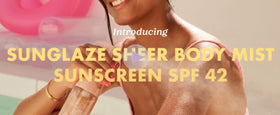 Kopari Rose Gold Sunglaze Sheer Body Mist SPF 42 with beach accessories