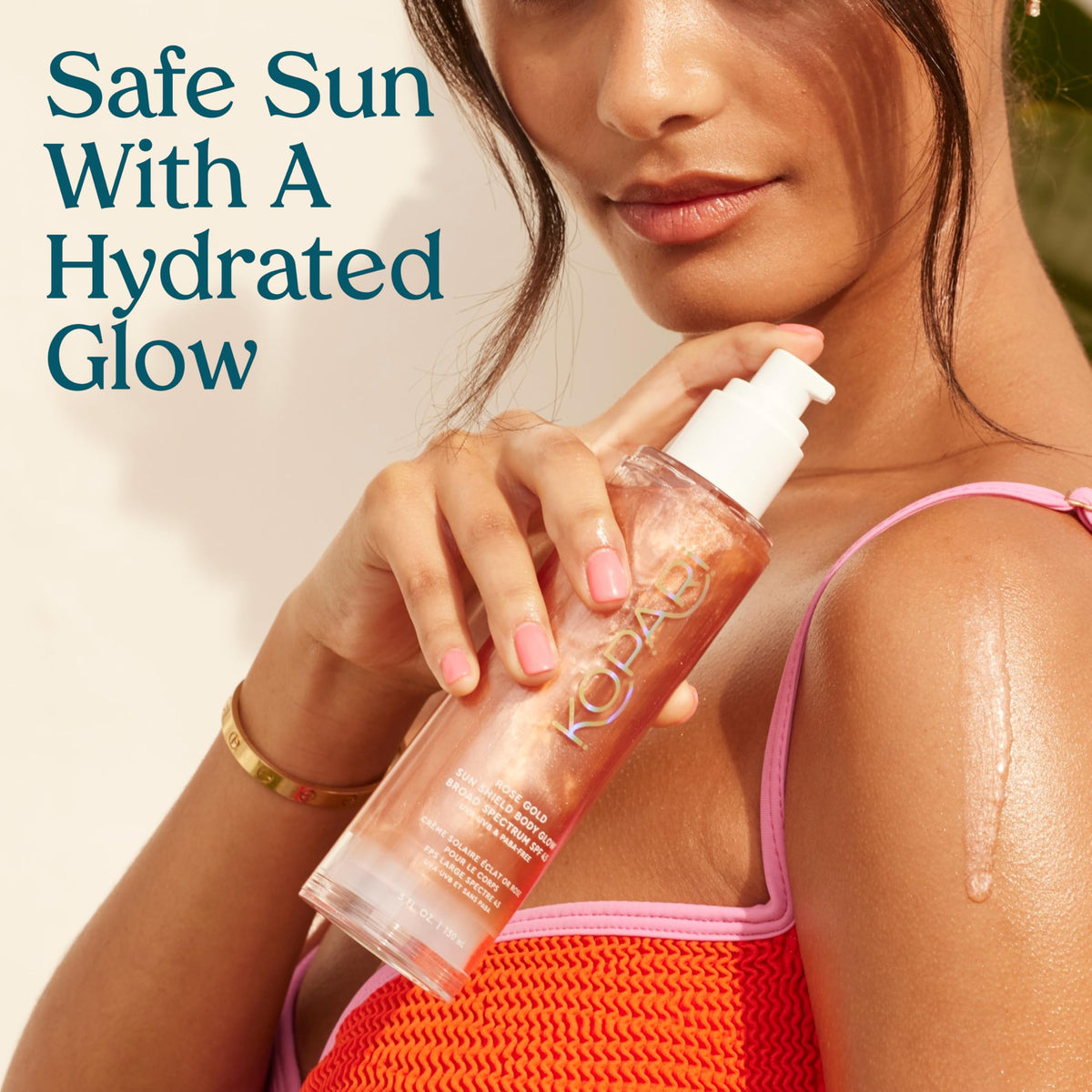 Kopari Sun Shield Body Glow SPF 45 applied on skin showing glowing effect