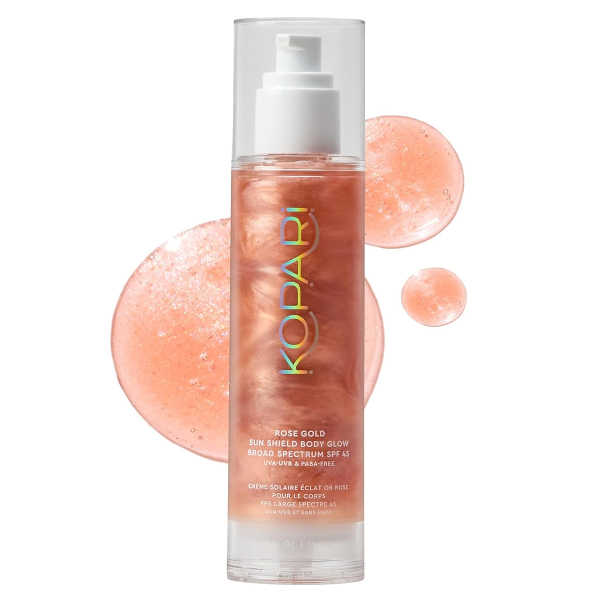 Kopari Sun Shield Body Glow SPF 45 front view with rose gold shimmer