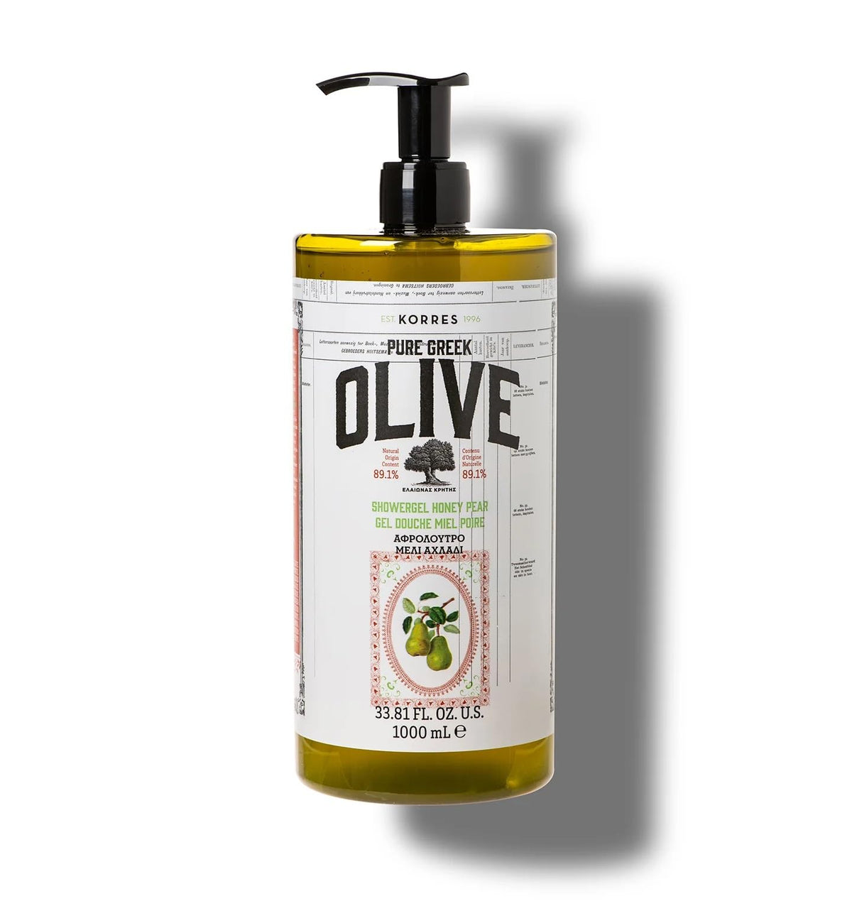 KORRES Pure Greek Olive Shower Gel Honey Pear 33.8 Fl Oz front view