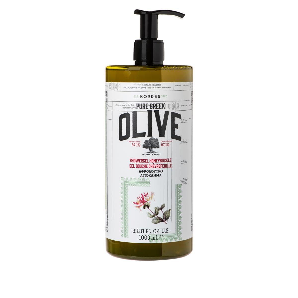 KORRES Pure Greek Olive Shower Gel Honeysuckle 33.8 Fl Oz front view