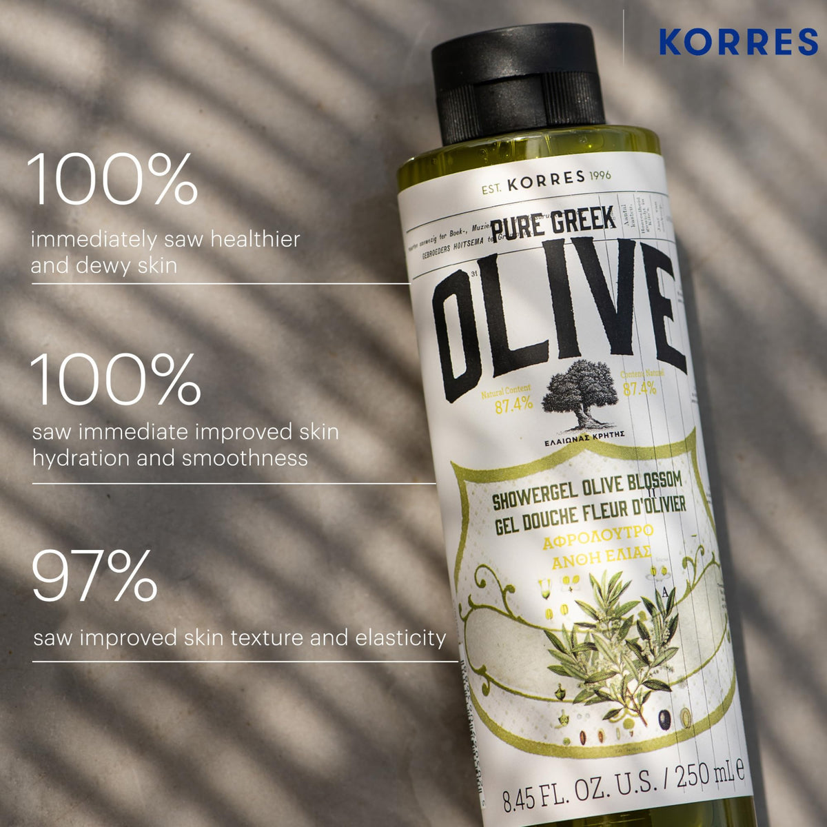 KORRES Pure Greek Olive Shower Gel in a shower setting