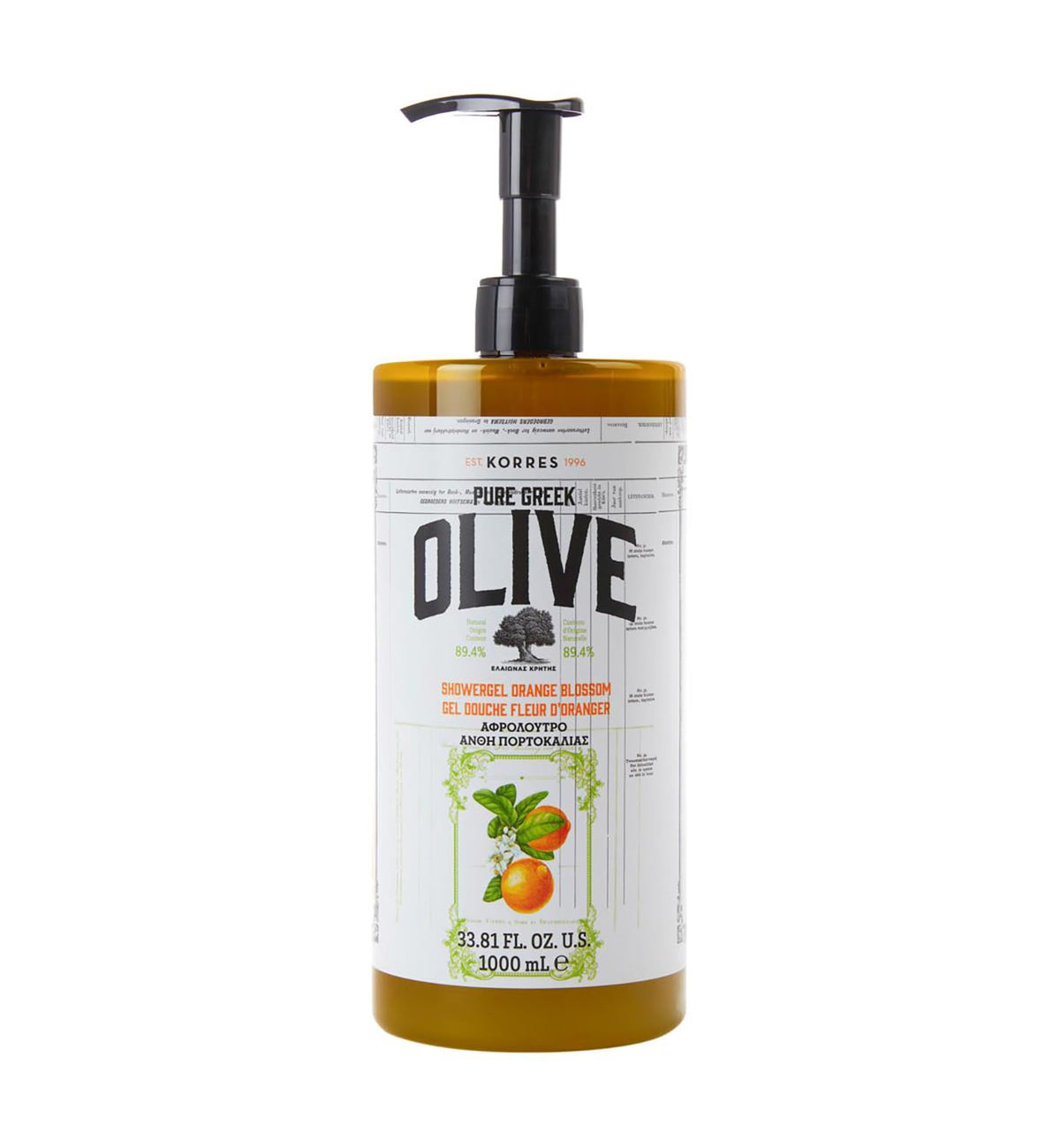 KORRES Pure Greek Olive Shower Gel Orange Blossom 33.8 Fl Oz front view