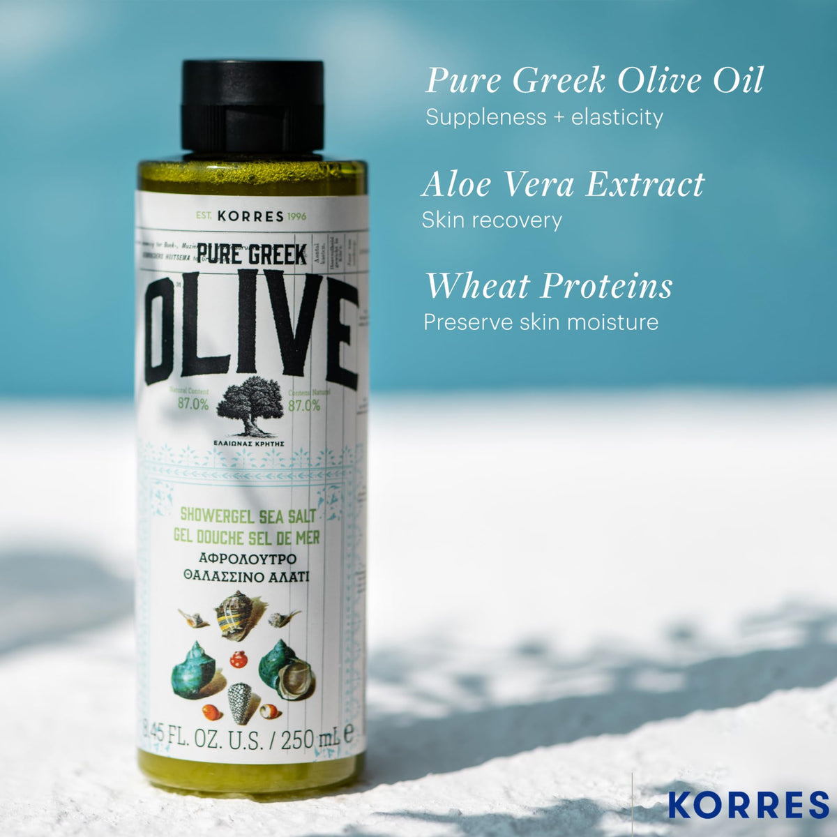 KORRES Pure Greek Olive Shower Gel Sea Salt in shower setting