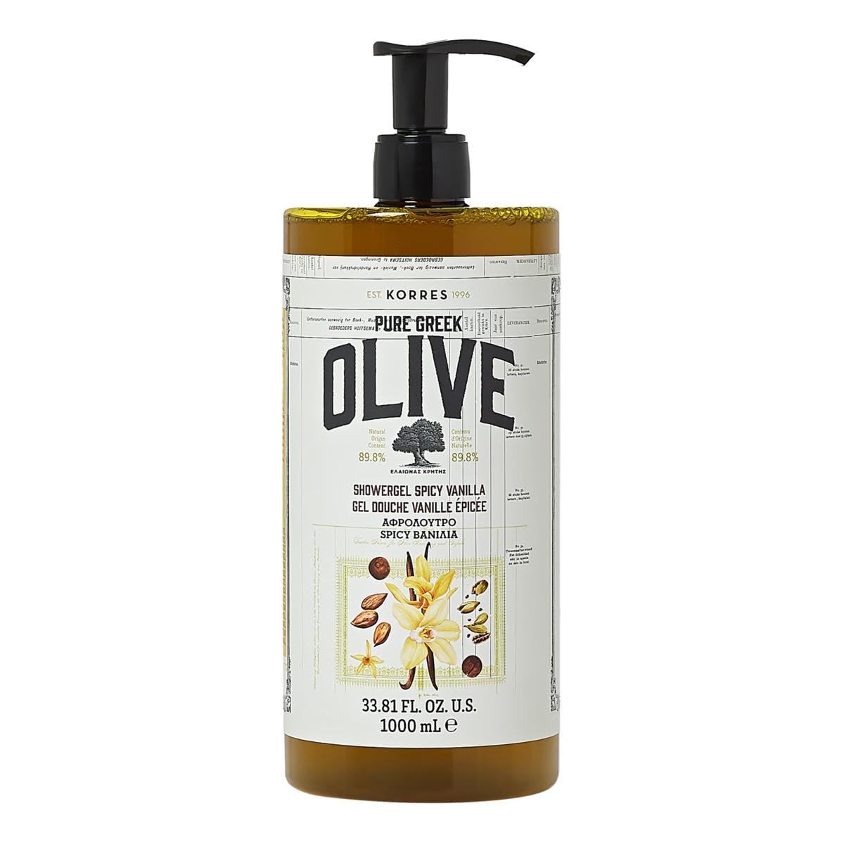 KORRES Pure Greek Olive Shower Gel Spicy Vanilla 33.8 Fl Oz front view