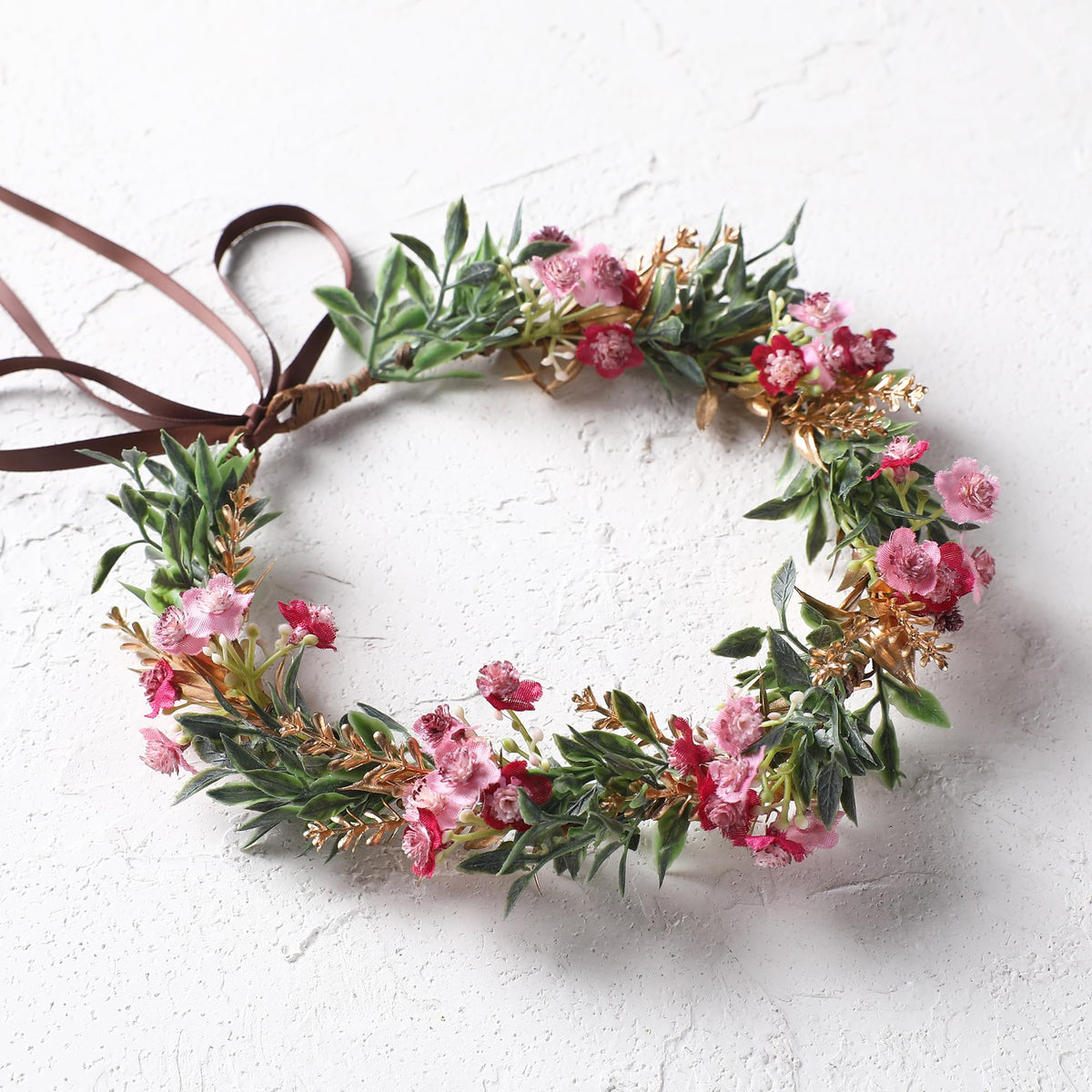 KorViSHOW Flower Crown Headband with pink flowers and green leaves front view