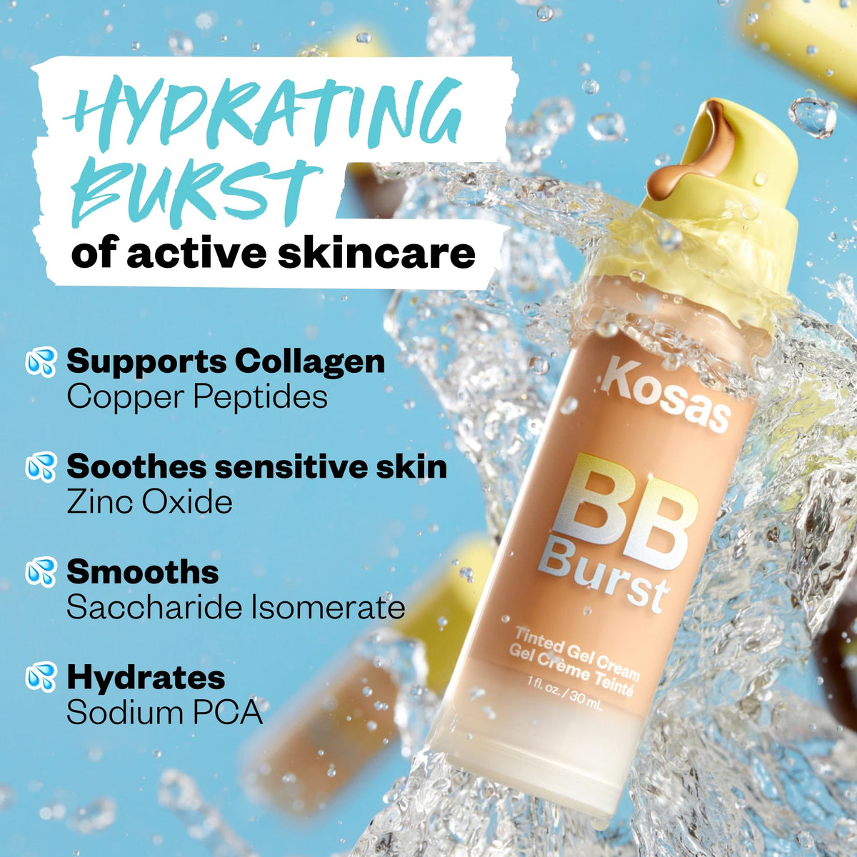 Kosas BB Burst Hydrating Tinted Face Gel Cream with makeup brush