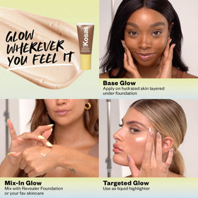 Kosas Glow I.V. Face Illuminator Reflect applied on cheekbones