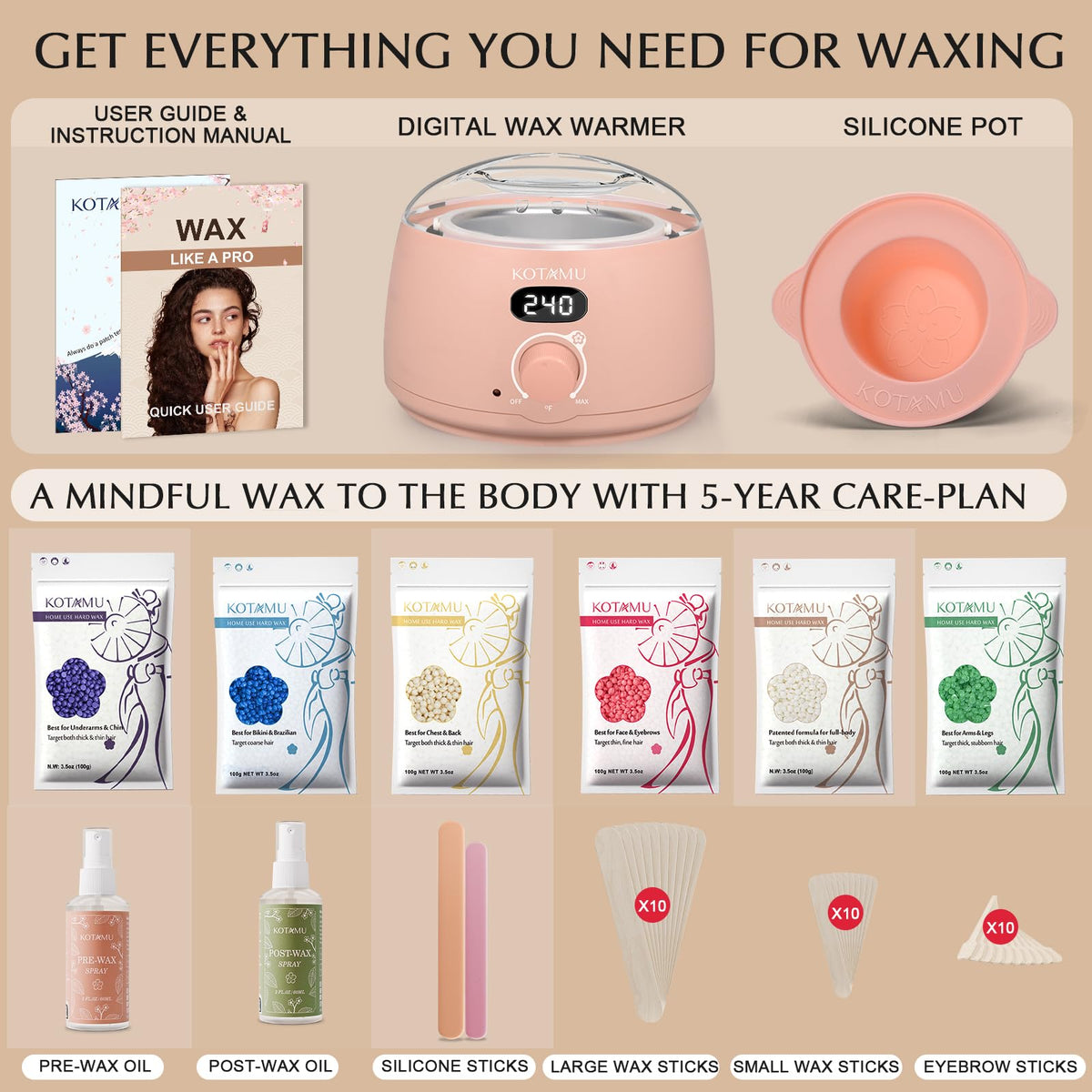 KOTAMU Wax Warmer kit components including spatulas