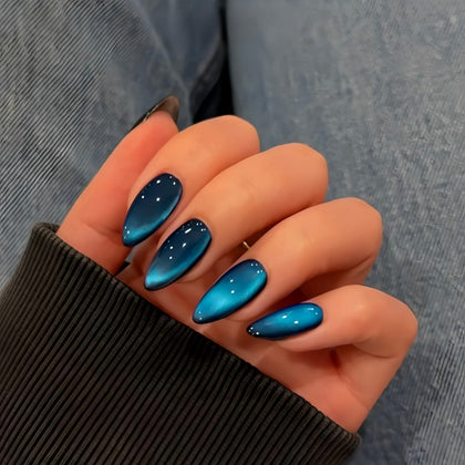 KQueenest Cat Eye Press on Nails almond shape dark blue front view