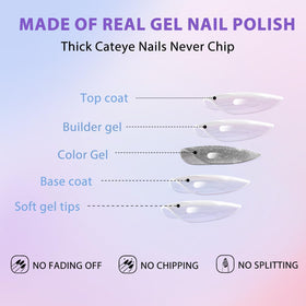 KQueenest Cat Eye Press on Nails displayed with nail file and stickers