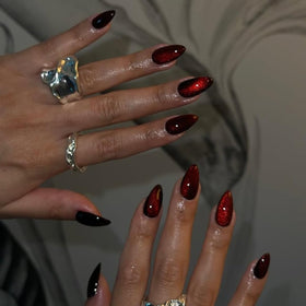 KQueenest Dark Red Press on Nails displayed with nail stickers and file