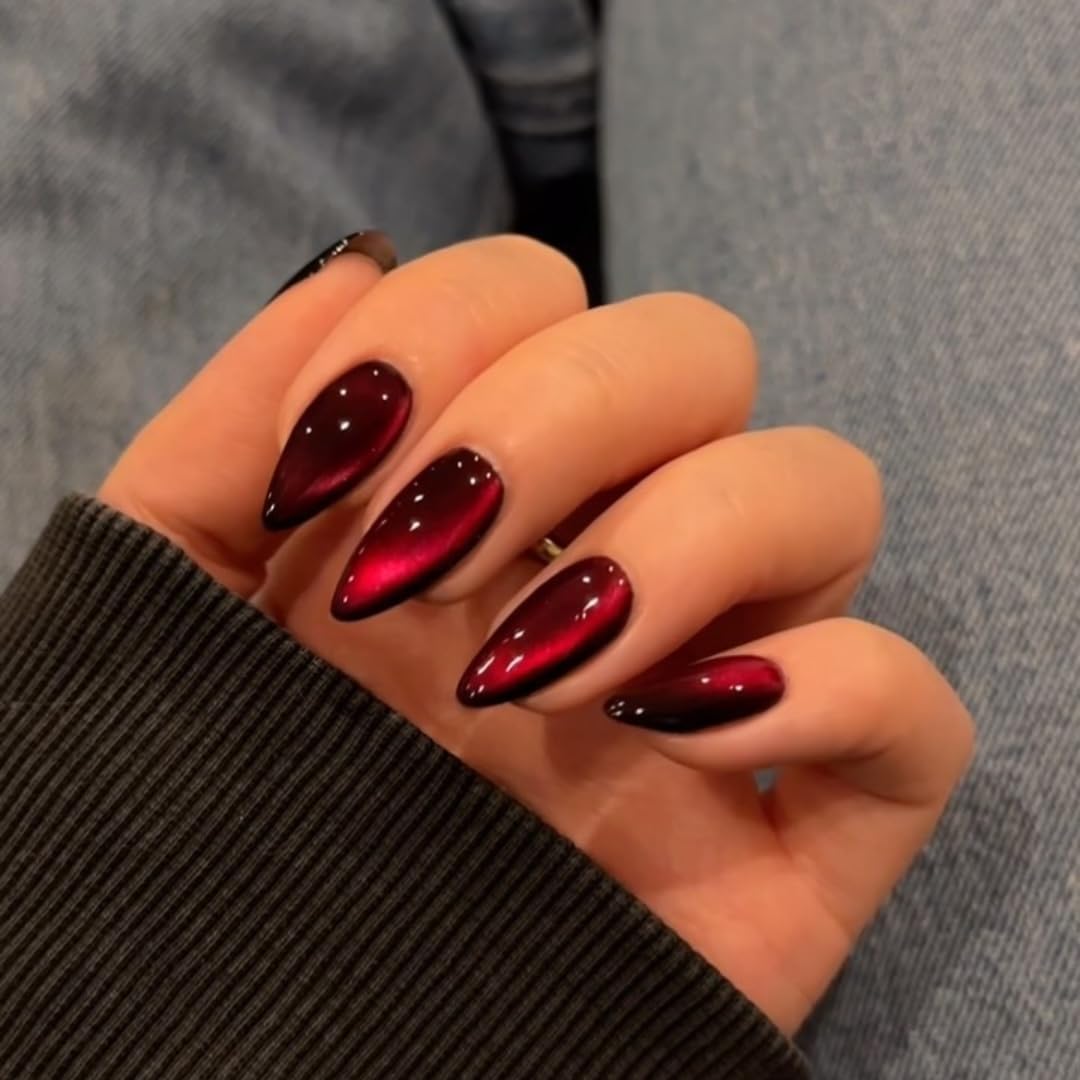 KQueenest Dark Red Press on Nails front view with glitter finish