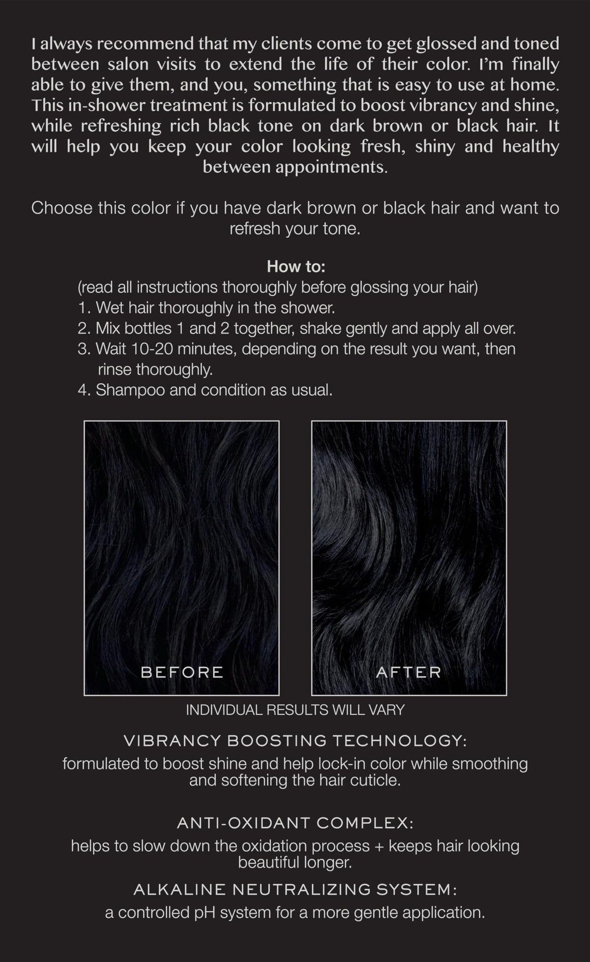 Kristin Ess Hair Gloss Black Iris application process in shower