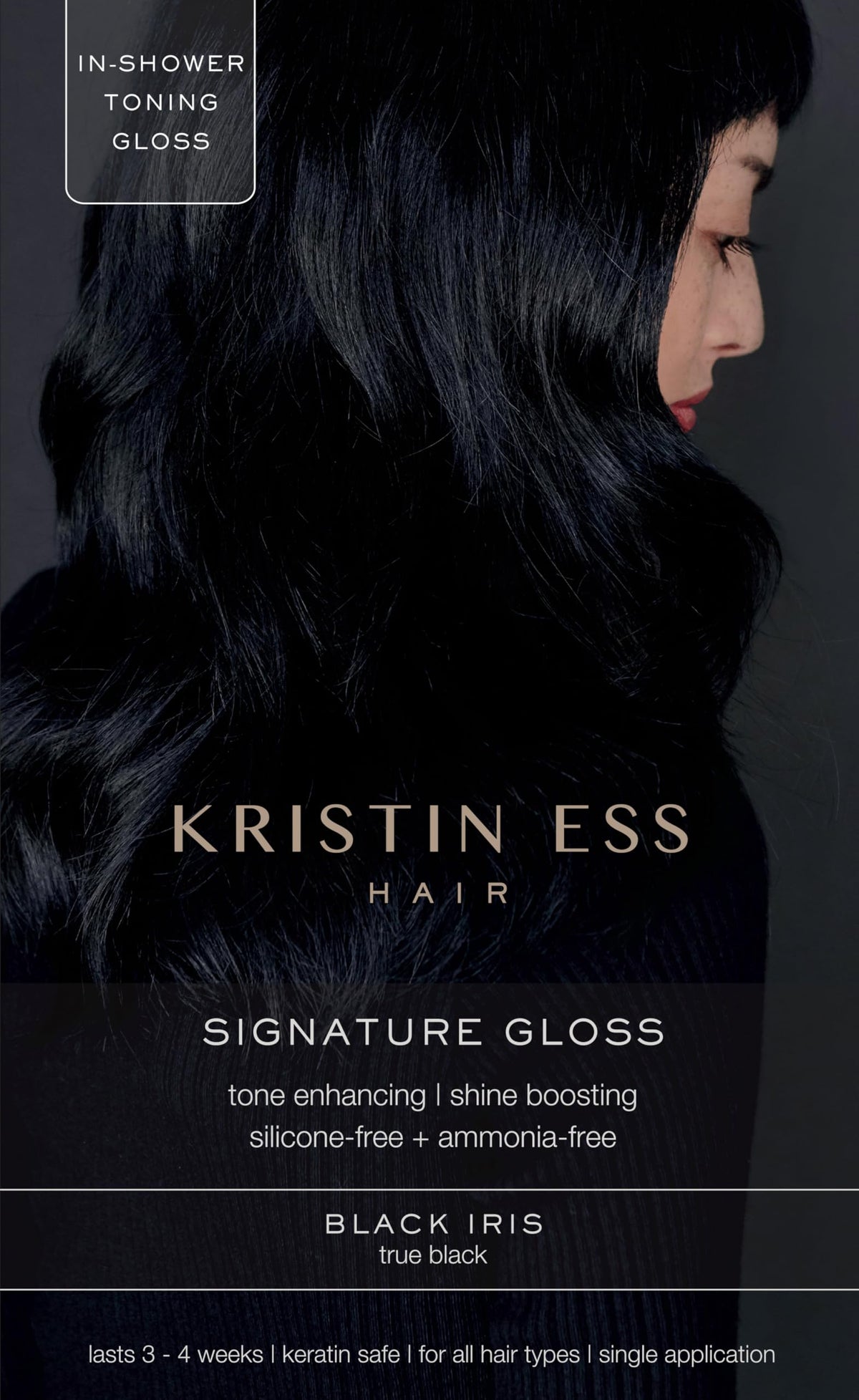 Kristin Ess Hair Gloss Black Iris front view with packaging