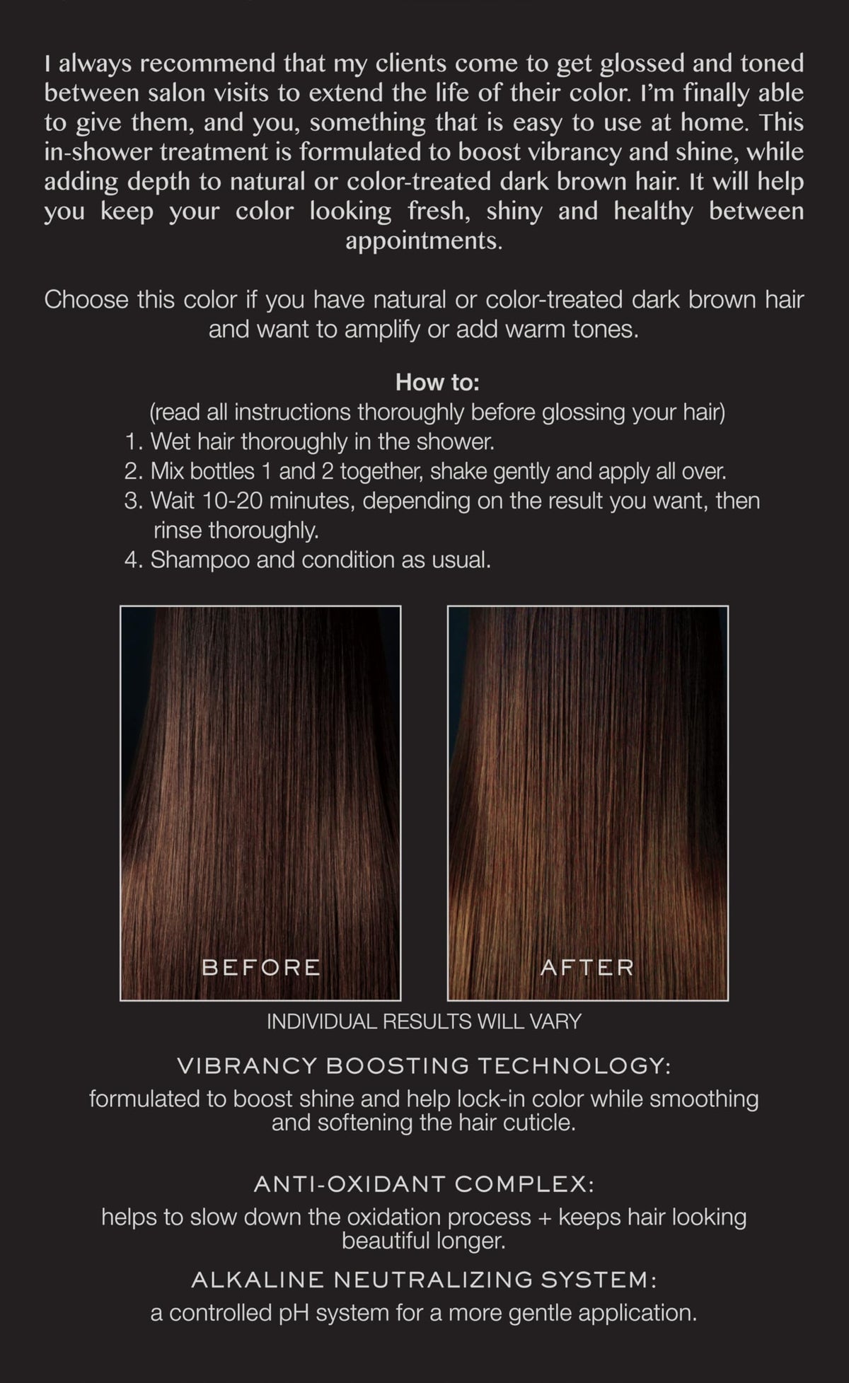 Kristin Ess Hair Gloss Chocolate Cosmo application instructions