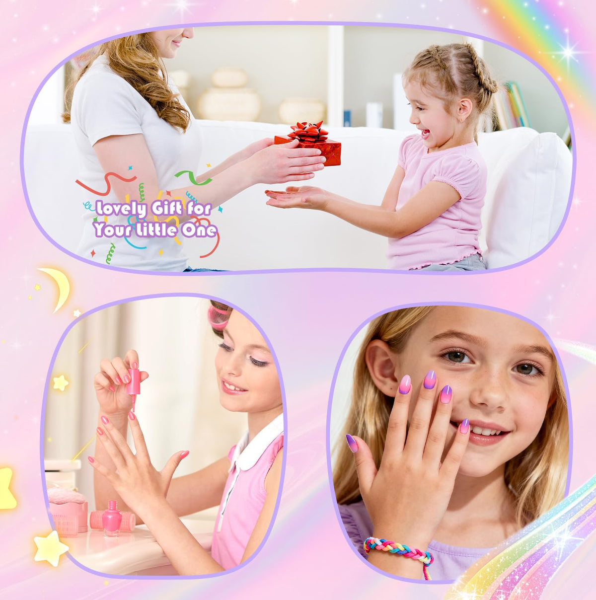 krofaue Almond Kids Nail Tips displayed in a creative arrangement