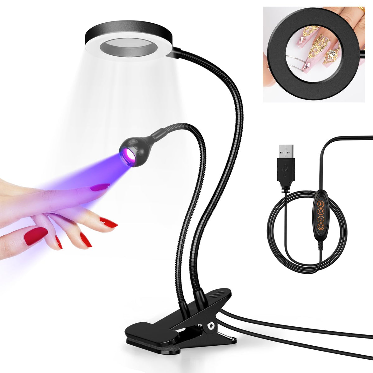krofaue Dual Head UV Nail Lamp front view with 6X magnifier